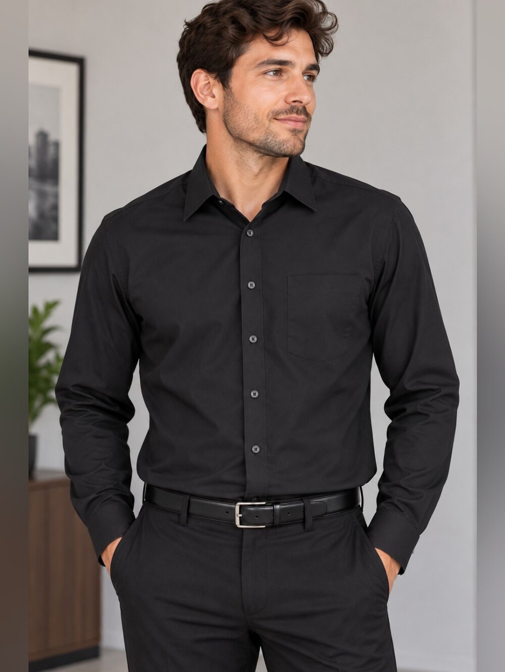 George Men's Black Dress Shirt 14.5 Neck Long Sleeve
